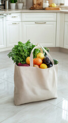 Reusable grocery bag filled with fresh, healthy fruits and vegetables from the market. Sustainable shopping in a modern kitchen setting.