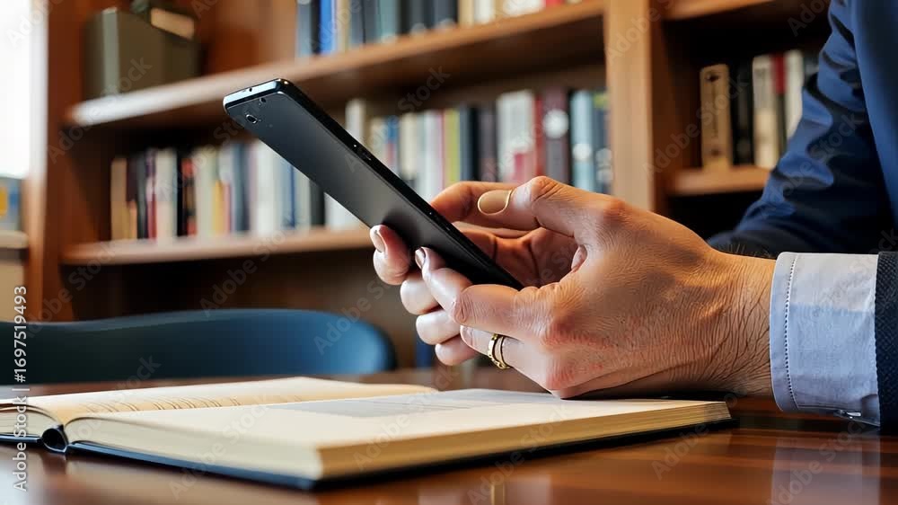Aufkleber hands engaged with a smartphone while interacting with an open book in a quiet library setting surro