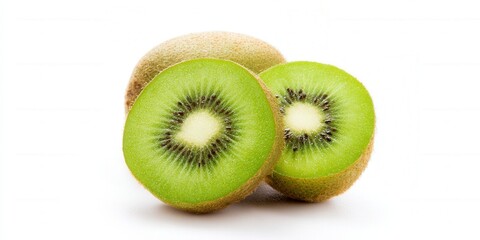 Fototapeta premium Freshly cut kiwi fruit displays juicy green flesh, isolated against a clean white background.