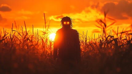 Spooky monster in cornfield at sunset halloween horror creepy creature glowing eyes dark silhouette orange sky