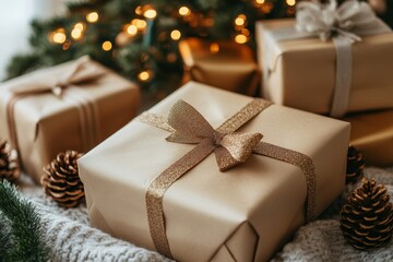 Young couple sitting on the sofa at home, holding a Christmas present and engaging in an online conversation via laptop, sharing holiday greetings with loved ones, Generative AI