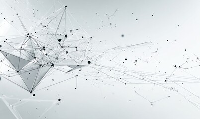 Abstract network of connected lines and dots, forming translucent triangles, against a pale backdrop. Modern, digital, intricate, and minimal