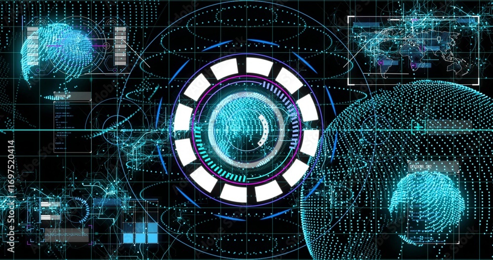 Poster Showing central holographic UI element floating in virtual space with dotted-globe projections