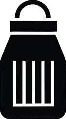 Simple icon of a salt shaker dispenser featuring vertical stripes for seasoning and a carrying handle for portability