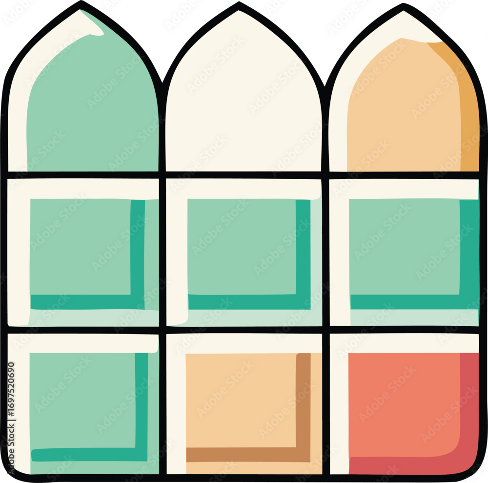 Poster abstract geometric pattern with arched top elements and colored squares suggesting stained glass or 