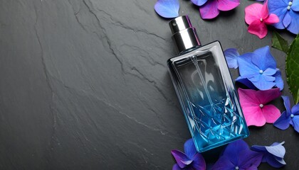 Perfume bottle surrounded by flowers on dark stone