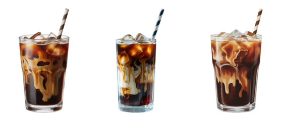 Iced Coffee Drinks Refreshing Beverages with Ice Cubes and Straws. Iced Coffee with Straw
