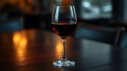 Glass of red wine elegantly placed on a dark wooden table, reflecting warm ambient light.