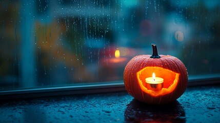 Halloween pumpkin candle light on rainy window spooky autumn decoration seasonal holiday background 100