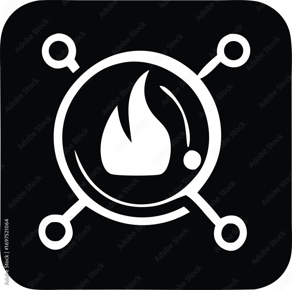 Poster fiery digital network icon abstract flame connected circles data flow symbol technology abstract art