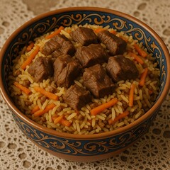 Delicious uzbek plov a hearty rice dish with tender meat and carrots served in a decorative bowl aromatic and flavorful traditional cuisine