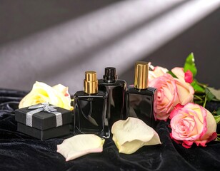 Perfume bottles and roses on velvet