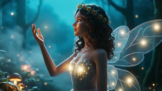 A fairy in a shimmering gown stands gracefully in a forest filled with glowing mushrooms and soft mist. The serene ambiance captures the magic of her surroundings at twilight.