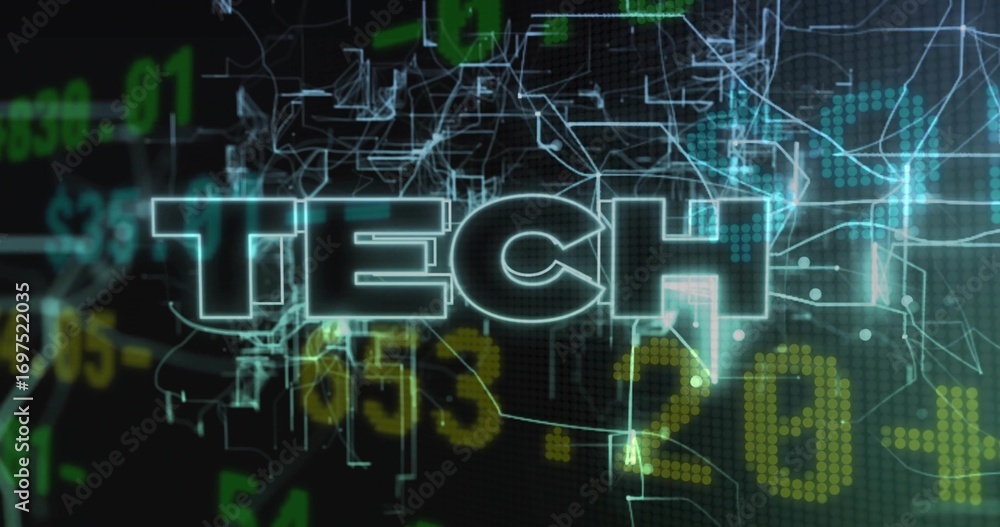 Poster glowing tech text hovering over dark data grid, showing green yellow digits, circuit overlays