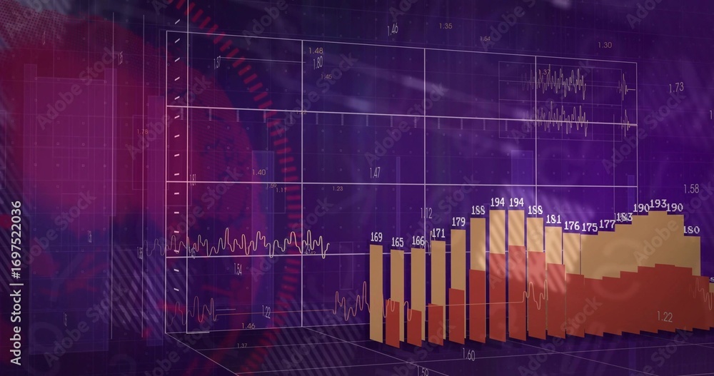 Aufkleber 3d bar columns rising in financial dashboard, with wireframe grid and line plots, copy space