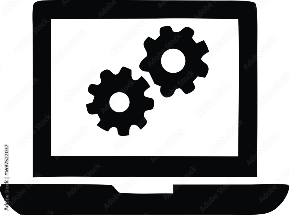 Poster digital technology concept laptop with gears icon symbolizing process automation and system mechanic