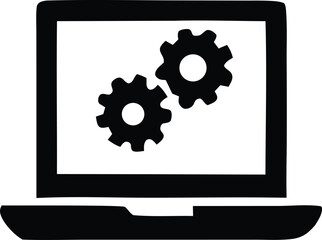 Digital technology concept laptop with gears icon symbolizing process automation and system mechanics