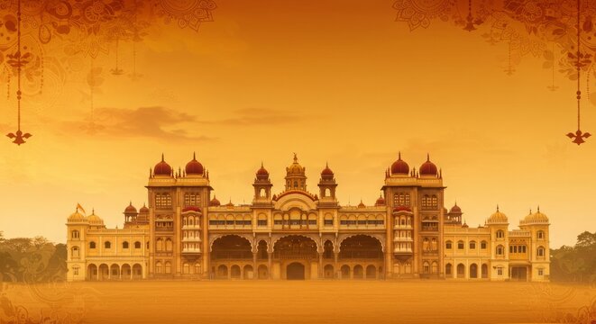 Mysore Dasara banner background, palace glowing on golden gradient 