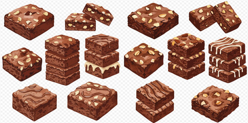A delicious collection of illustrated chocolate brownies, shown as single squares, stacks, and pieces with nuts and icing.