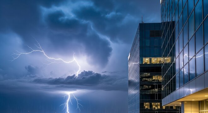 Dramatic Lightning Strike Illuminates Modern City Building at Night. - Powered by Adobe