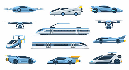 Illustrated collection of advanced futuristic transport - sleek flying cars, modern drones, and high-speed bullet trains.