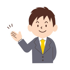 手で案内をするビジネスマン　スーツを着た男性のイラスト　シンプル,ビジネスパーソン,