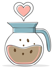Glass coffee carafe filled with coffee and beans with a heart symbol overhead
