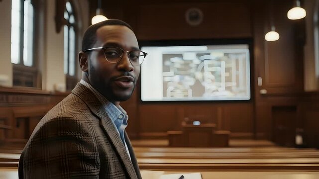 Confident analyst reviews data map in courtroom.  Presentation, report, business review. Ideal for law, urban planning, legal tech, and consultant content. Innovation and insights.