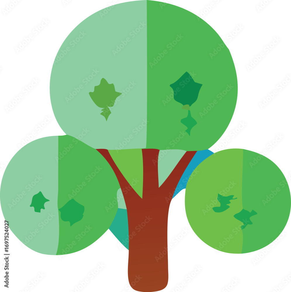 Poster flat design stylized tree with multiple green circular foliage clusters and a brown trunk symbol of 