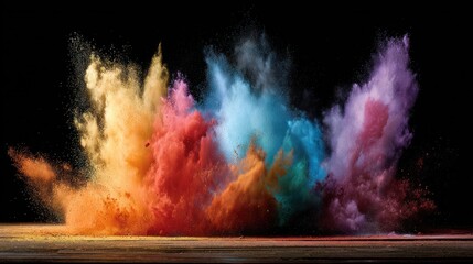 An explosion of multicolored powders creates dynamic billows and swirling clouds against a dark backdrop, resting on a wooden surface