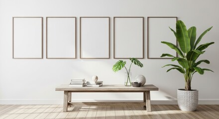 Minimalist Interior with Five Frames, Wooden Table, and Lush Tropical Plant