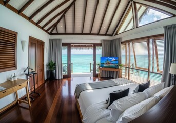 Luxurious overwater bungalow bedroom with ocean vista