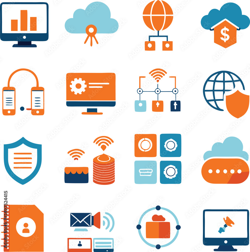 Aufkleber modern technology and cloud computing icons set representing security finance data storage and netwo