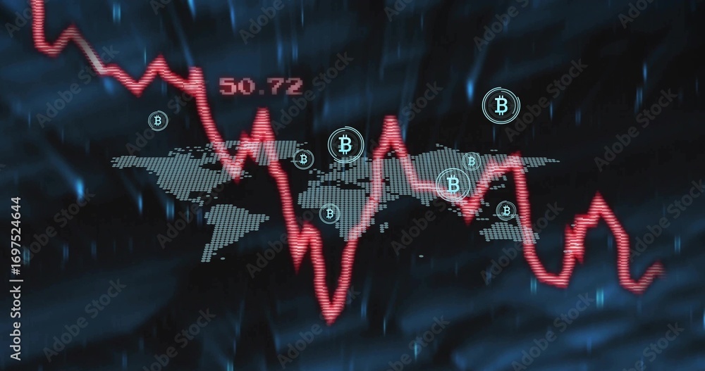 Poster displaying red jagged line graph over dotted world map on dashboard, with bitcoin icons 50