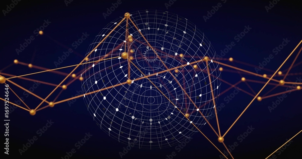 Aufkleber showing wireframe sphere floating in network with orange lines, golden nodes and white data points