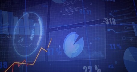 Displaying digital dashboard showcasing blue pie chart with highlighted wedge and orange line graph