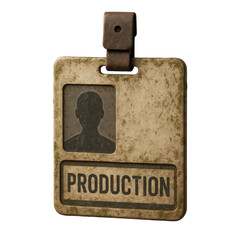 television job loss concept. Identification badge with a production label.