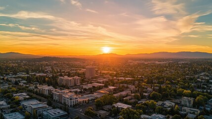 A city with a sunset in the background
