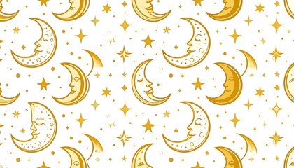 Gold crescent moons and stars on white background.  A repeating pattern