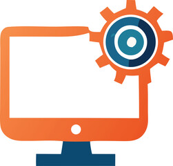 Computer monitor with integrated orange gear symbolizing technology development and system optimization
