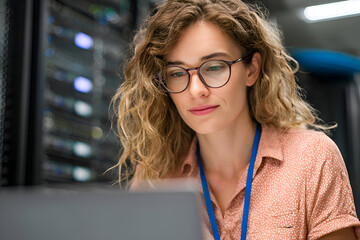 Focused IT professional analyzing server data in a modern data center, showcasing technology, expertise, and cutting-edge innovation in a dynamic environment