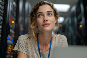 Dedicated IT professional contemplates solutions in a modern data center, showcasing innovation and technological advancements