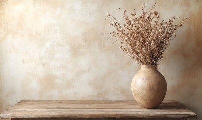 Wooden table with vase with bouquet of dried field flowers near empty, blank mustard wall. Home interior background with copy space, Generative AI