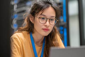 Focused IT professional analyzing server data in modern data center, working with concentration and dedication on complex network systems