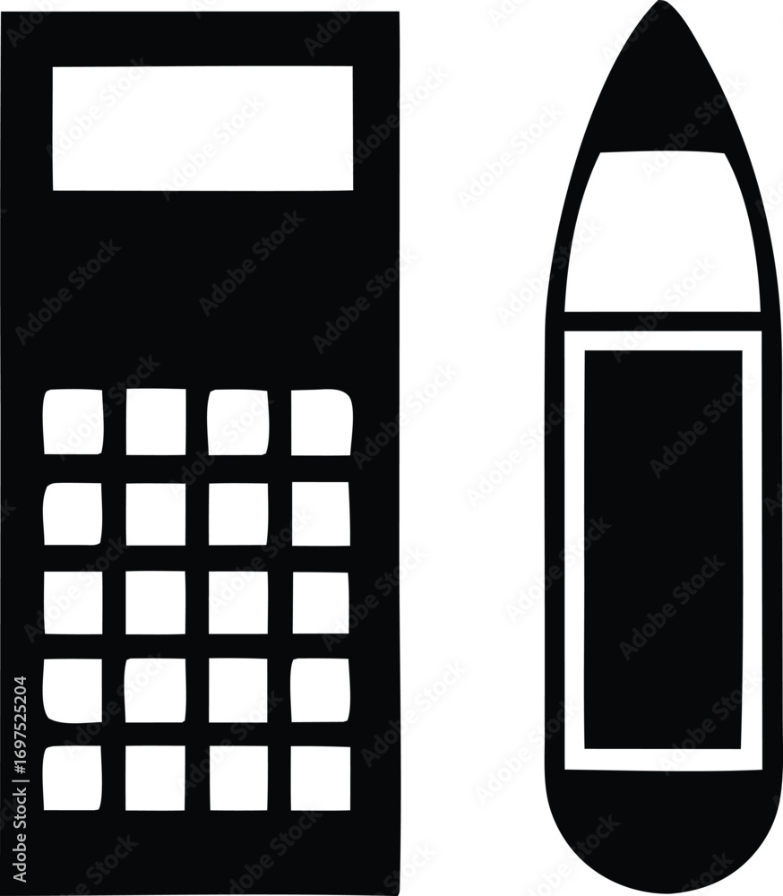 Poster calculator and bullet icon simple silhouette graphics for tech and science concepts