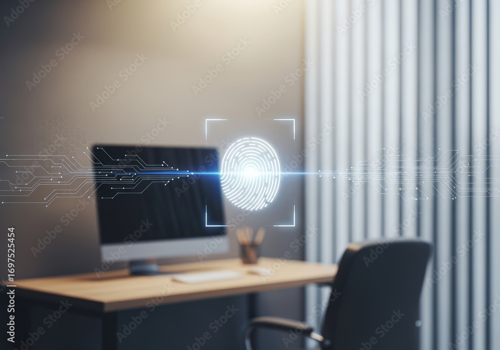 Poster biometric security scan with digital fingerprint over workspace