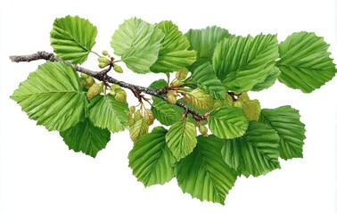 A branch with green, serrated leaves and budding catkins, set against a white background. Detailed botanical illustration showing textured foliage