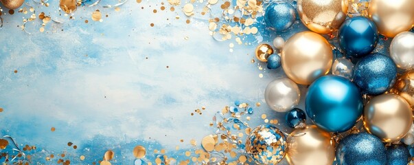 Holiday background with golden and blue metallic balloons, confetti and ribbons. Festive card for birthday party, anniversary, new year, christmas or other events. Created with, Generative AI