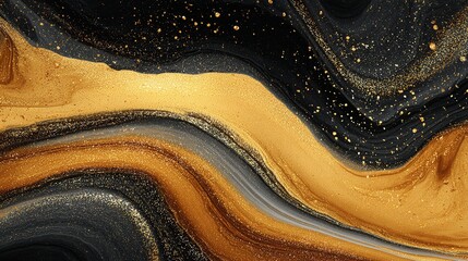 Obraz premium Elegant black and gold liquid marble texture with sparkling glitter accents