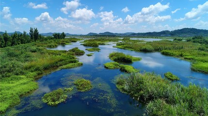 Naklejka premium the damaged wetland regains vitality after restoration, aquatic plants grow luxuriantly, migratory birds inhabit here, the water surface reflects blue sky and white clouds